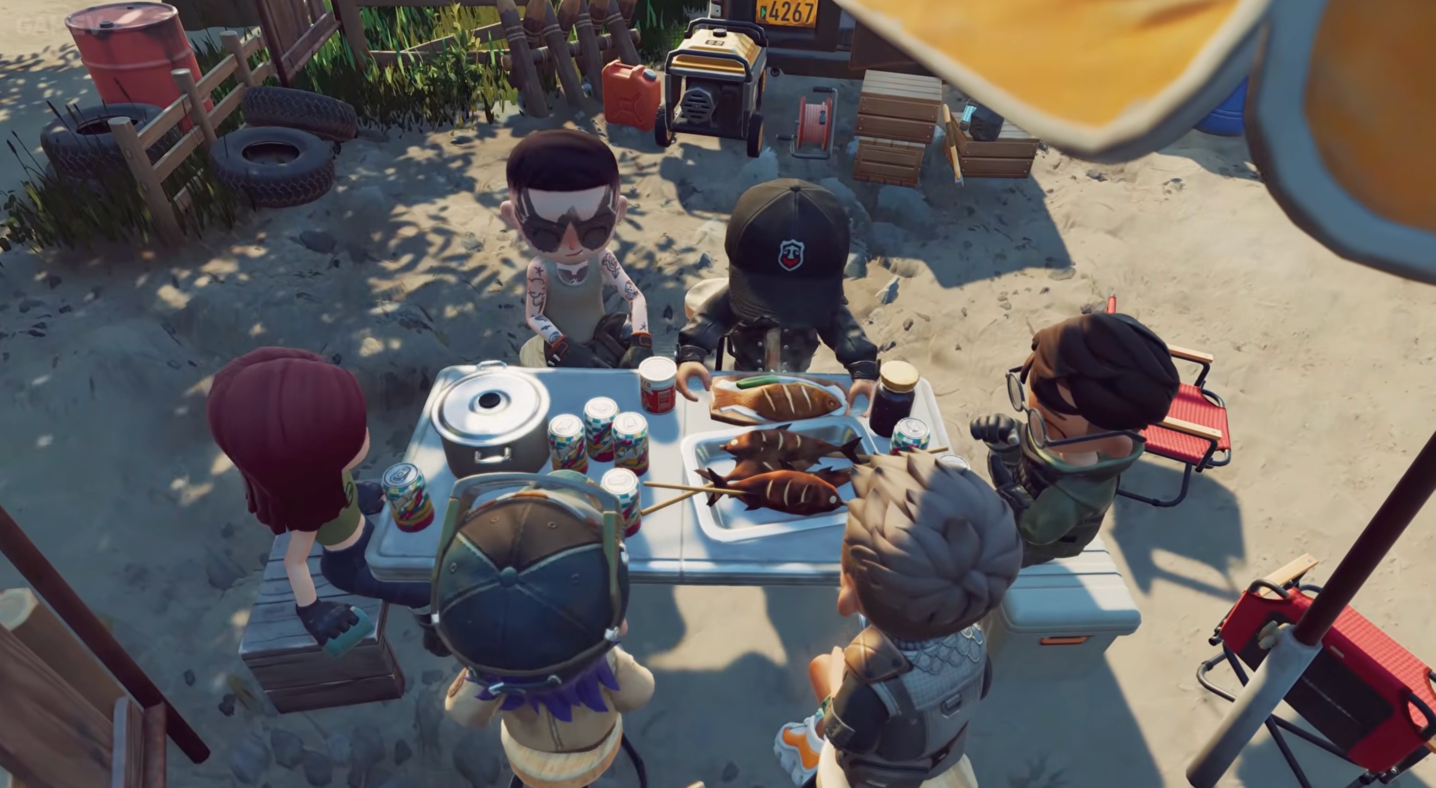 Zeverland survivors gathered around a meal